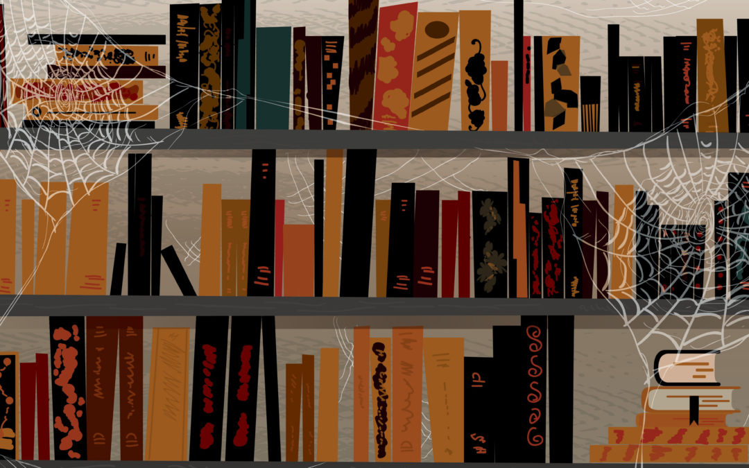 Blog banner, bookshelves with Halloween aesthetic
